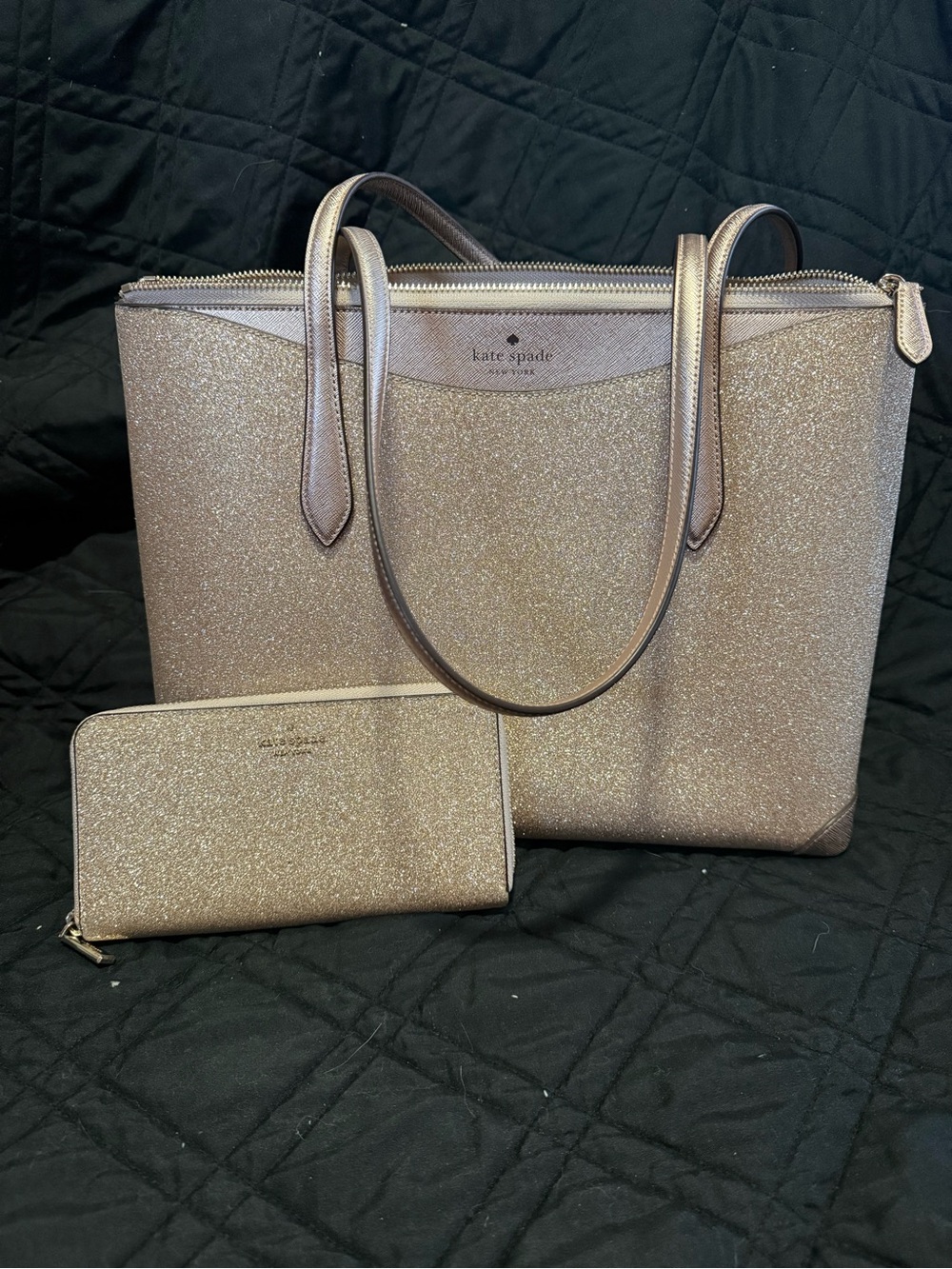 kate spade Rose Gold Glitter Tote with Matching Zip Wallet